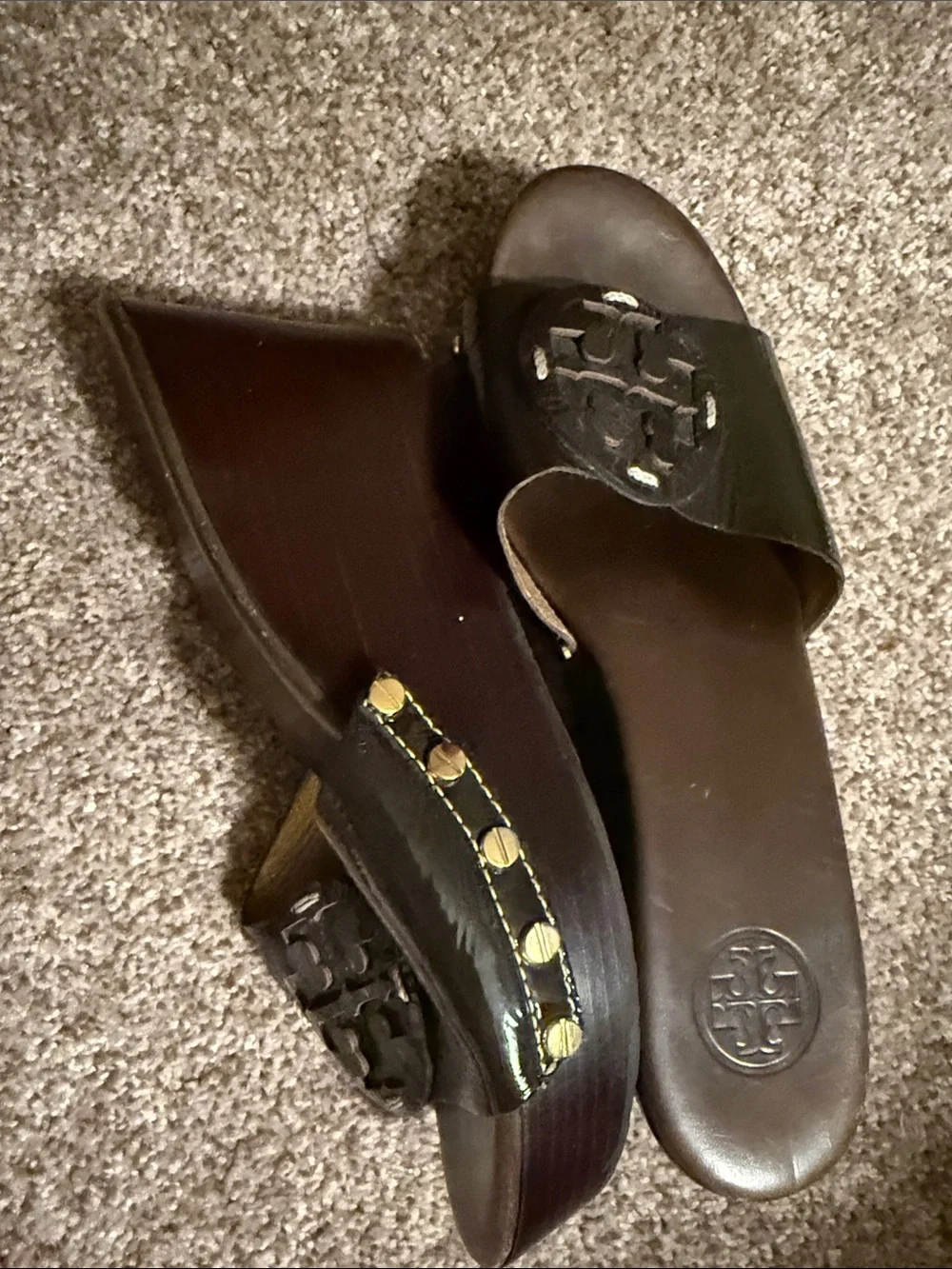Tory Burch Dark Brown Patent Leather Logo Slide Mules